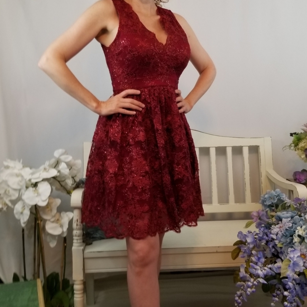 Red, embroidery lace, fit and flare mini d… - Picture 7 of 7